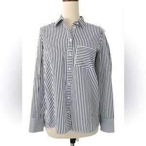 ZARA Basic Navy and White Striped button down pearl button shirt Stripes